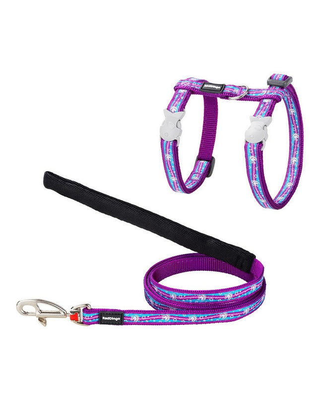 Red Dingo purple and blue unicorn cat harness with leash, colorful and adjustable for comfortable pet control.