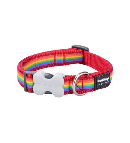 Red Dingo rainbow dog collar with multicolour design, adjustable for dogs 20-32 cm, made for stylish and comfortable pet wear.