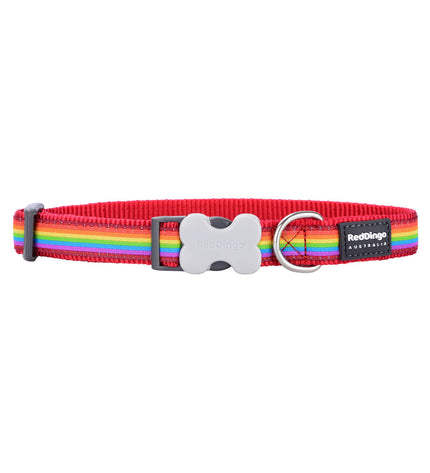 Red Dingo rainbow-patterned dog collar in red and blue, 15 mm wide, adjustable from 24 to 36 cm for medium-sized dogs.