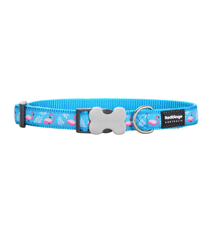 Red Dingo flamingo-patterned dog collar in turquoise with adjustable strap and metal buckle, designed for stylish canine accessories.