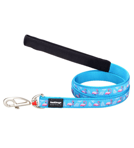 Red Dingo flamingo dog leash in turquoise, 1.2 meters long, featuring vibrant flamingo pattern on durable nylon material