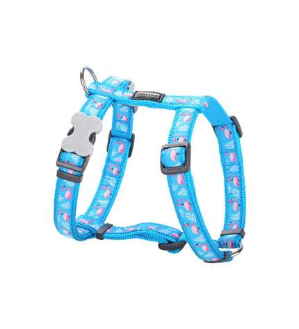 Red Dingo Flamingo dog harness in turquoise with adjustable straps, suitable for dogs 45-66 cm.