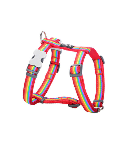 Red Dingo Rainbow dog harness in red, blue, and yellow, adjustable for medium-sized dogs, with colorful rainbow design.