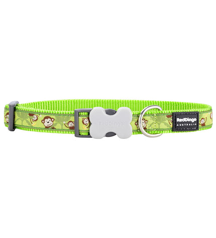 Red Dingo monkey-themed dog collar in green, adjustable 20-32 cm, made for dogs, featuring colorful monkey print.