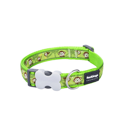Red Dingo monkey-pattern dog collar in green, adjustable 20-32 cm, made for dogs, featuring colorful monkey designs.