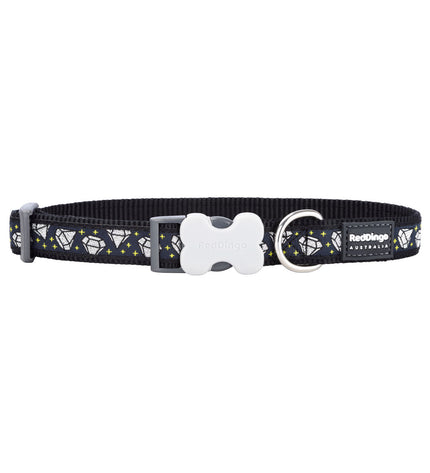 Red Dingo black dog collar with diamond accents, adjustable 20-32 cm, designed for stylish and comfortable pet wear.