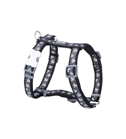 Red Dingo Diamond dog harness in black, adjustable for 45-66 cm neck and 36-59 cm chest, made for comfortable dog walking.