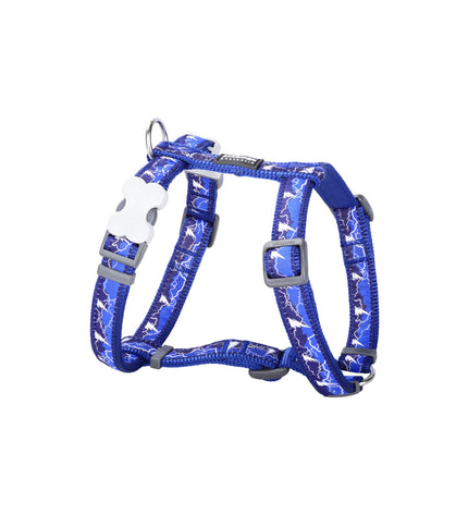 Red Dingo Lightning dog harness in marine blue, adjustable for dogs 45-66 cm, featuring bright lightning design for comfortable control.