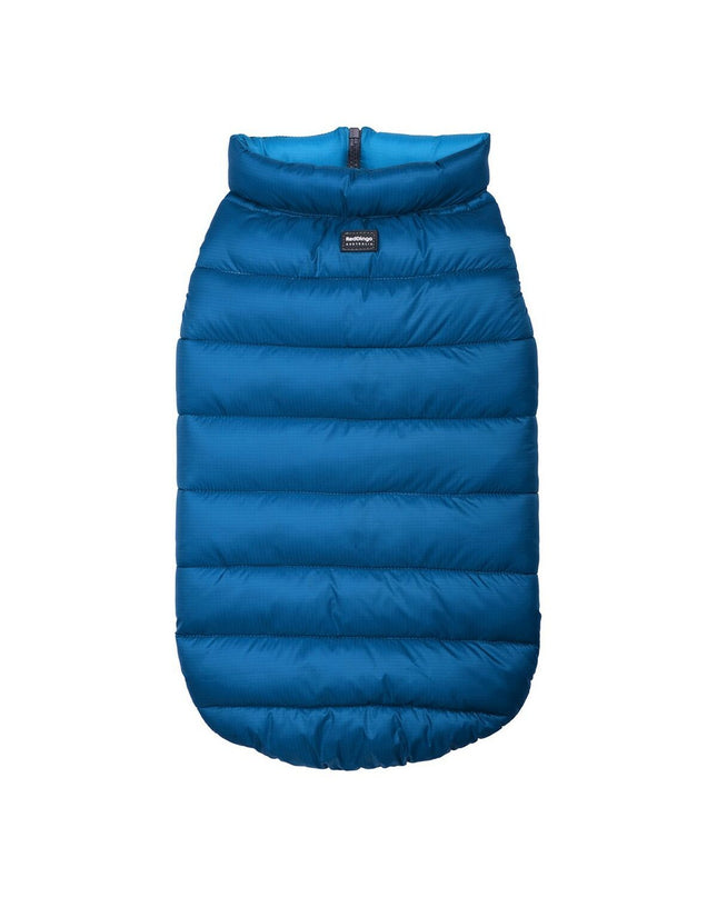Red Dingo puffer dog jacket in turquoise for small dogs, 25 cm, shown on a dog with a quilted design and adjustable straps.