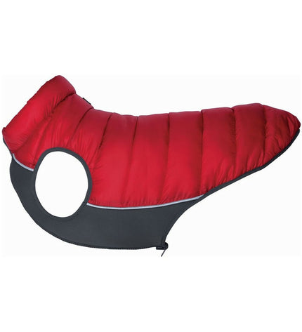 Red Dingo puffer dog jacket in orange and red, 25 cm, designed for small dogs, with a warm, padded exterior for outdoor walks.