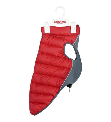 Red Dingo red puffer dog jacket in orange and red, 45 cm size, shown on a small dog with a snug fit and quilted design.