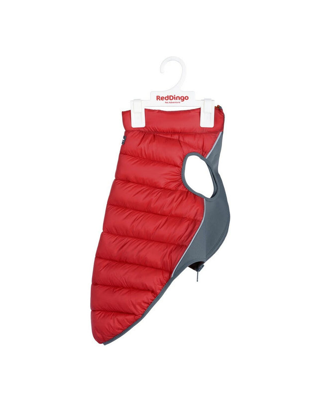 Red Dingo puffer dog coat in orange and red, 50 cm size, designed for dogs, showcasing the warm, padded exterior and vibrant color.