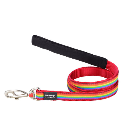 Red Dingo rainbow dog leash, 1.2 meters multicolor nylon, shown coiled with metal clip for walking dogs.