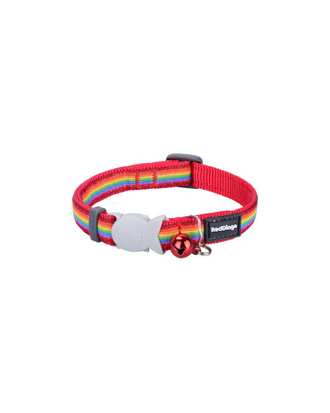 Red Dingo rainbow cat collar with adjustable 20-32 cm multicolour nylon strap and metal buckle, designed for feline comfort.