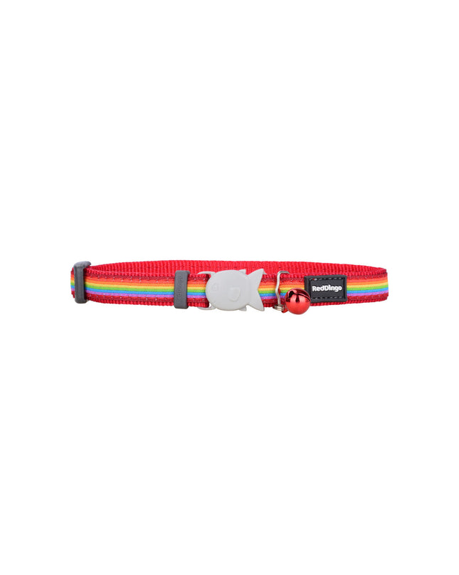 Red Dingo rainbow cat collar with multicolor design, adjustable from 20-32 cm, featuring a secure buckle and vibrant pattern.