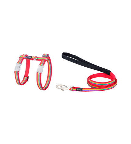 Red Dingo rainbow dog harness in red and multicolor, adjustable for 21-35 cm neck size, made for small to medium dogs.