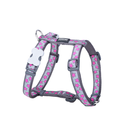 Red Dingo hot pink dog harness on cool grey background, adjustable for 36-54 cm neck and 30-48 cm chest, stylish pet accessory.