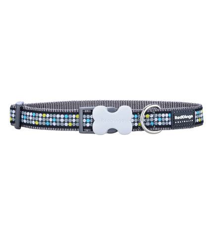 Red Dingo modern red dog collar on cool grey background, 15mm wide, adjustable 24-36 cm, stylish pet accessory.