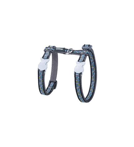 Red Dingo cat harness in cool gray with red accents, adjustable for cats 21-35 cm, shown on a gray background.