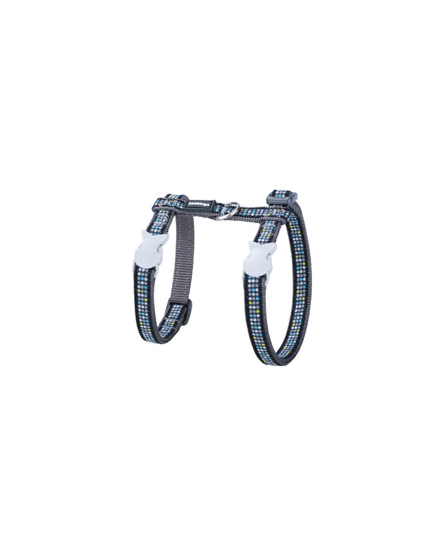Red Dingo cat harness in cool gray with red accents, adjustable for cats 21-35 cm, shown on a gray background.