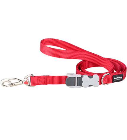 Red Dingo dog leash in vibrant red color, showing a close-up of the durable nylon material and metal clip for secure attachment.