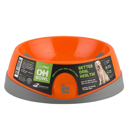 Orange Lickimat dog bowl with feeding tray for dogs, designed for slow feeding and entertainment.