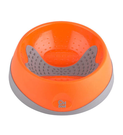 Orange Lickimat dog bowl for licking treats, made by Lickimat, with a textured surface for dogs to enjoy and slow down eating.