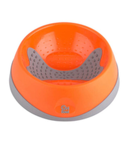 Orange Lickimat Oh Bowl dog feeding tray with textured surface for dogs, designed for licking and engaging pets.