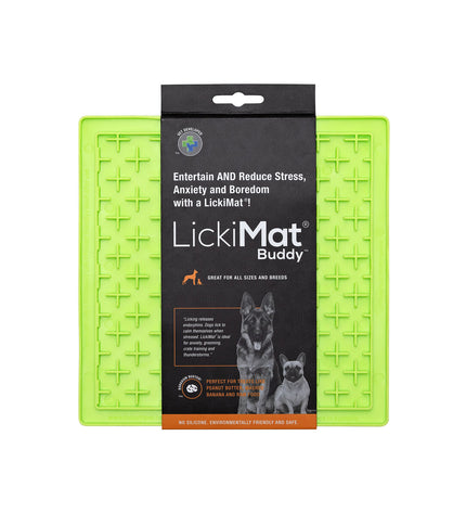 Green Lickimat dog feeding tray made of TPR, designed to provide dogs with a fun and engaging licking activity.
