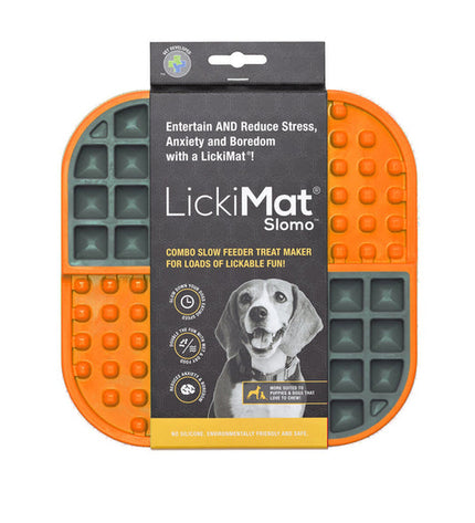 Orange Lickimat dog feeding tray made of polypropylene and TPR, designed for dog enrichment and slow feeding.