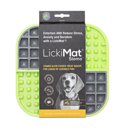 Green Lickimat dog feeding tray made of polypropylene and TPR, designed for slow feeding and licking comfort for dogs.