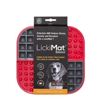 Red Lickimat dog feeding tray made of polypropylene and TPR, designed for dogs to lick and enjoy.