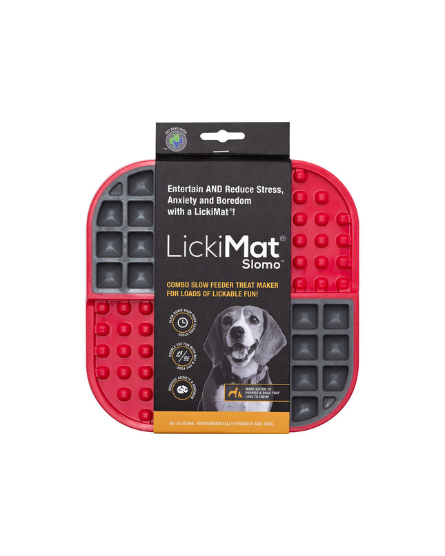 Red Lickimat dog feeding tray made of polypropylene and TPR, designed for dogs to lick and enjoy.