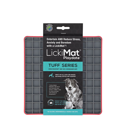 Red Lickimat dog feeding mat made of polypropylene and TPR, designed for dogs to lick and reduce boredom.