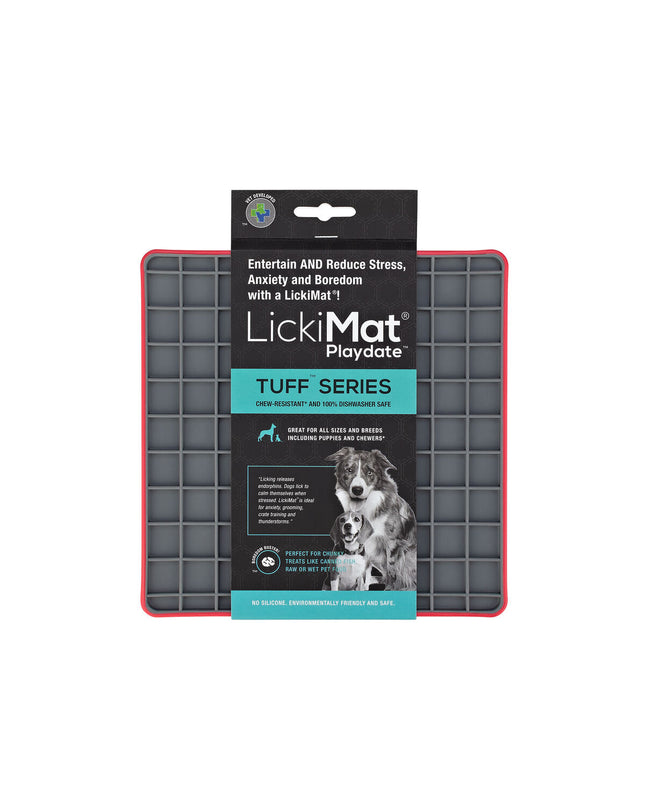 Red Lickimat dog feeding mat made of polypropylene and TPR, designed for dogs to lick and reduce boredom.