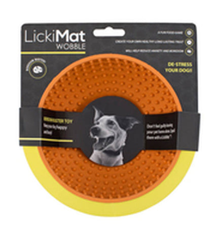 Lickimat Wobble orange rubber dog feeding mat, durable and flexible for dogs, with textured surface for engaging feeding experience.