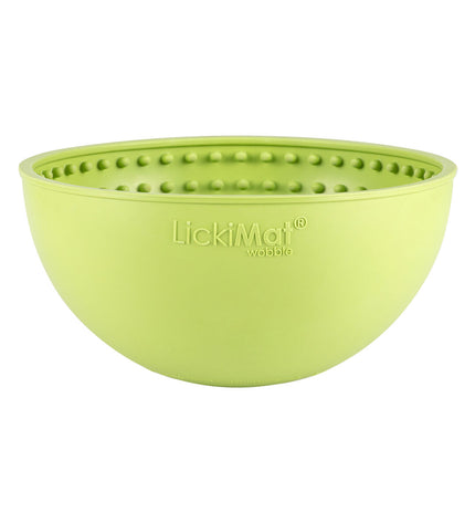 Green rubber Lickimat dog feeder with 600 ml capacity, modern design for dogs, by Lickimat, showing textured surface for licking fun.