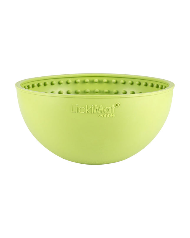 Green rubber Lickimat dog feeder with 600 ml capacity, modern design for dogs, by Lickimat, showing textured surface for licking fun.