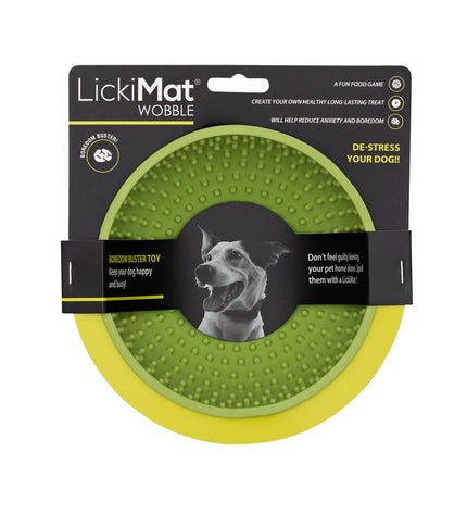 Green rubber Lickimat dog feeder with textured surface, 600 ml capacity for dogs, designed to keep pets entertained and calm.
