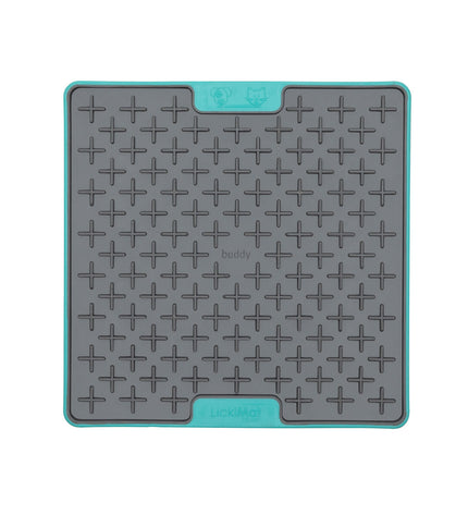 Turquoise Lickimat dog food bowl made of polypropylene and TPR, designed for dogs to lick and enjoy.