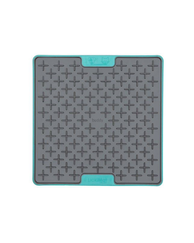 Turquoise Lickimat dog food bowl made of polypropylene and TPR, designed for dogs to lick and enjoy.