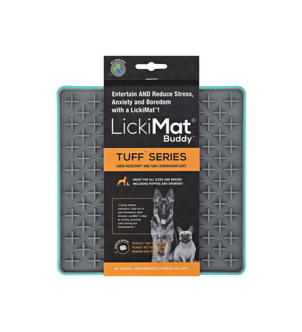 Turquoise Lickimat dog feeder made of polypropylene and TPR for dogs, designed to keep pets entertained and calm.
