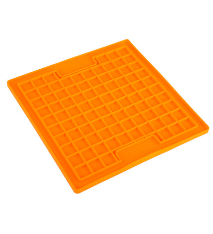 Orange TPR dog lickimat tray for dogs, featuring textured surface for engaging pet feeding and licking fun.