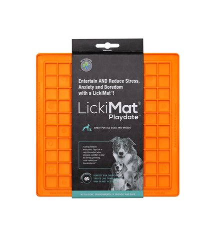 Orange TPR dog lickmat with feeding tray from Lickimat, designed for dogs to lick and enjoy treats.