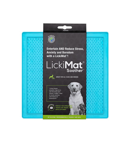 Turquoise TPR dog lick mat from Lickimat, designed as a durable feeding or licking toy for dogs.