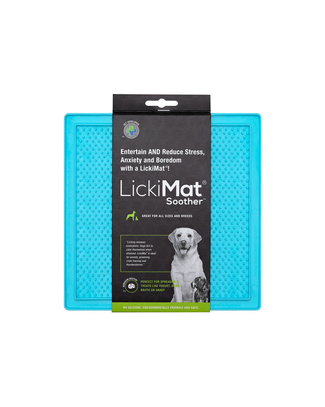 Turquoise TPR dog lick mat from Lickimat, designed as a durable feeding or licking toy for dogs.