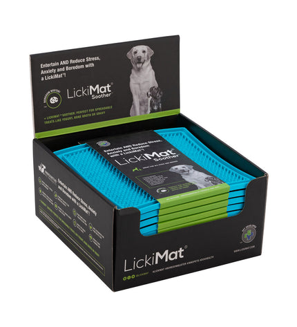 Turquoise Lickimat dog feeding tray made of TPR, designed for dogs to lick and enjoy.