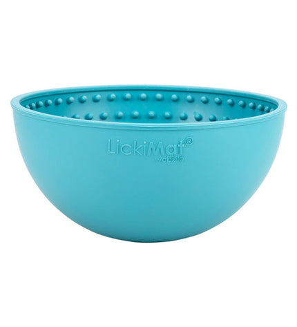 Lickimat Wobble turquoise rubber dog treat dispenser for dogs, made by Lickimat, designed to entertain and slow feeding dogs.