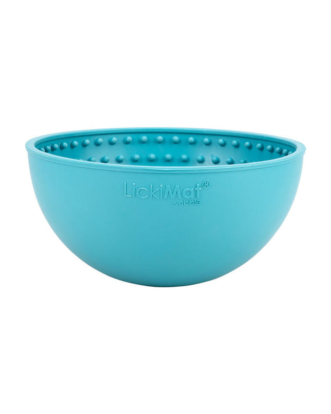 Lickimat Wobble turquoise rubber dog treat dispenser for dogs, made by Lickimat, designed to entertain and slow feeding dogs.