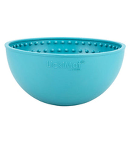 Lickimat Wobble turquoise rubber dog treat feeder for dogs, textured surface for engaging and slow feeding.